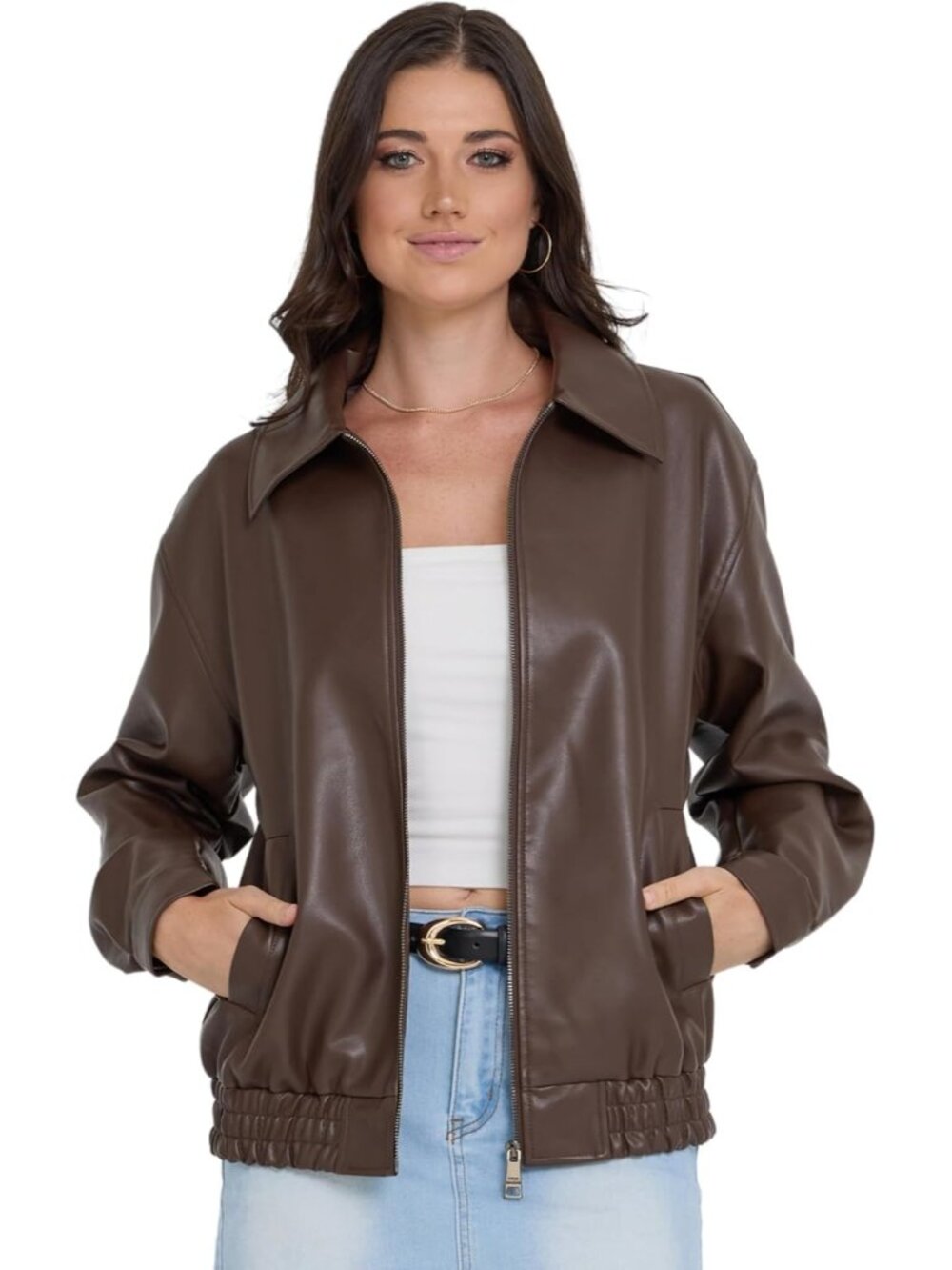 Steve Madden Women's Espresso Long Sleeve Faux Leather SOLID Bomber Jackets